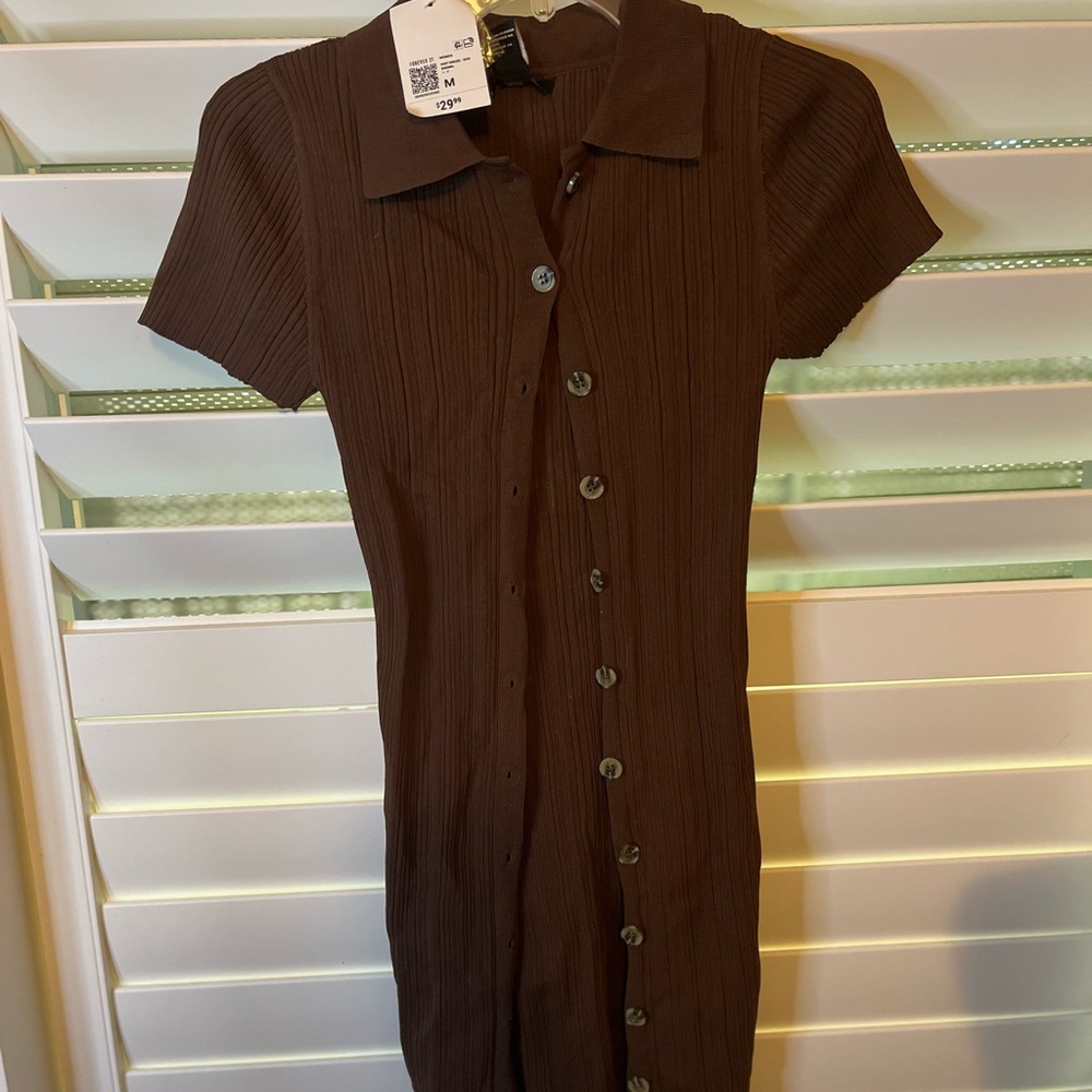 Brown Button-Up Ribbed Dress